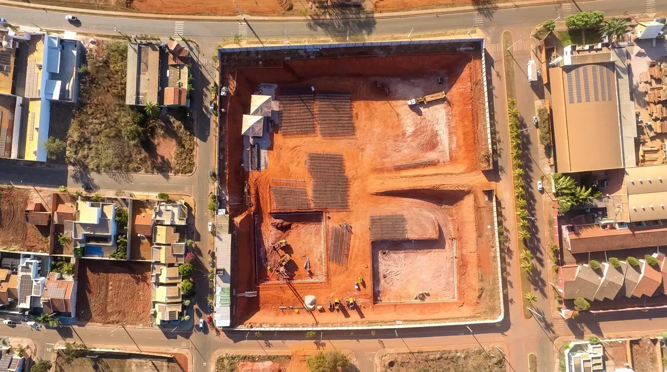 Vista aérea de escavação para fundação de um edifício, com fôrmas e armaduras de aço preparadas em canteiro cercado por construções residenciais